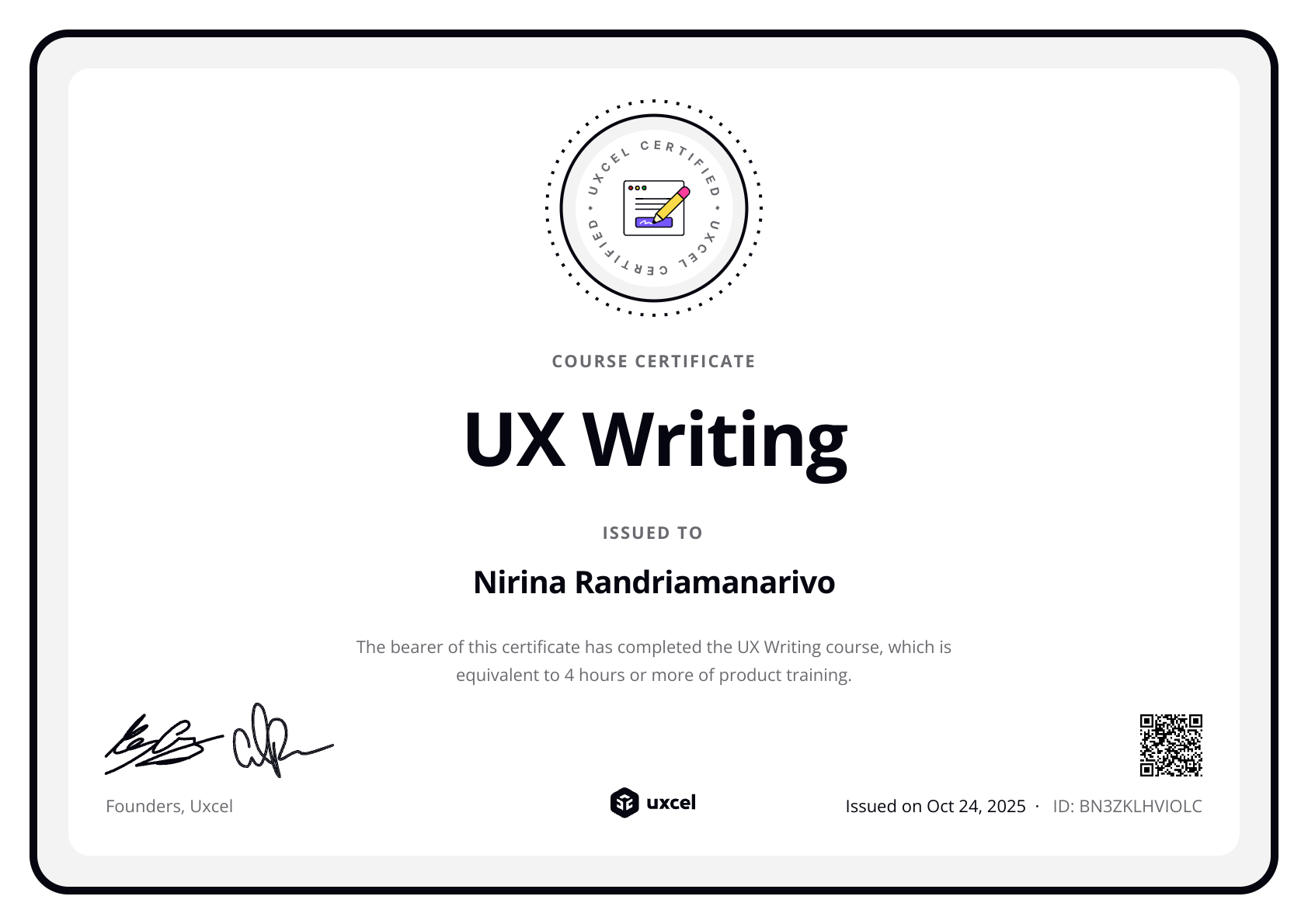 Nirina's certificate